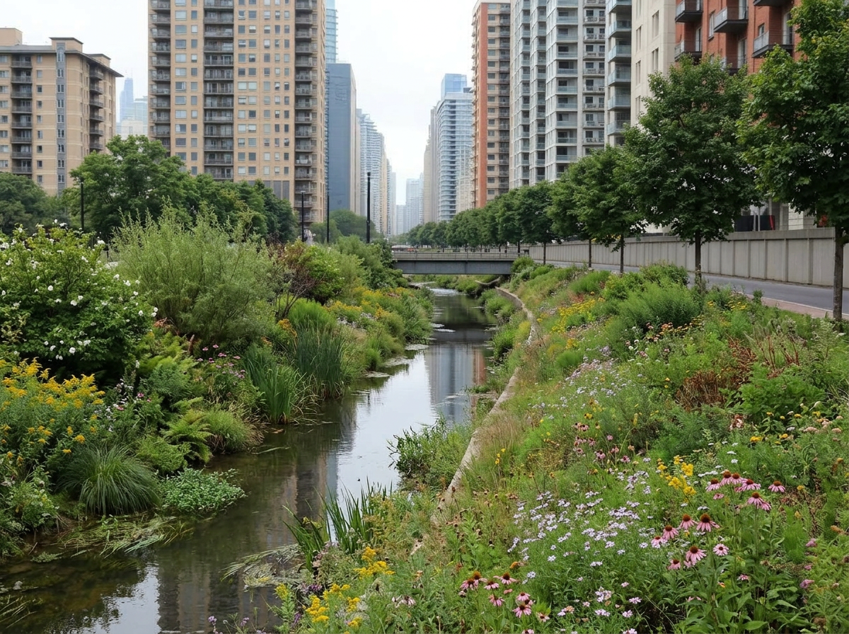 Urban canal bank → rewilded waterway buffer — for municipalities and infrastructure planners. — restored
