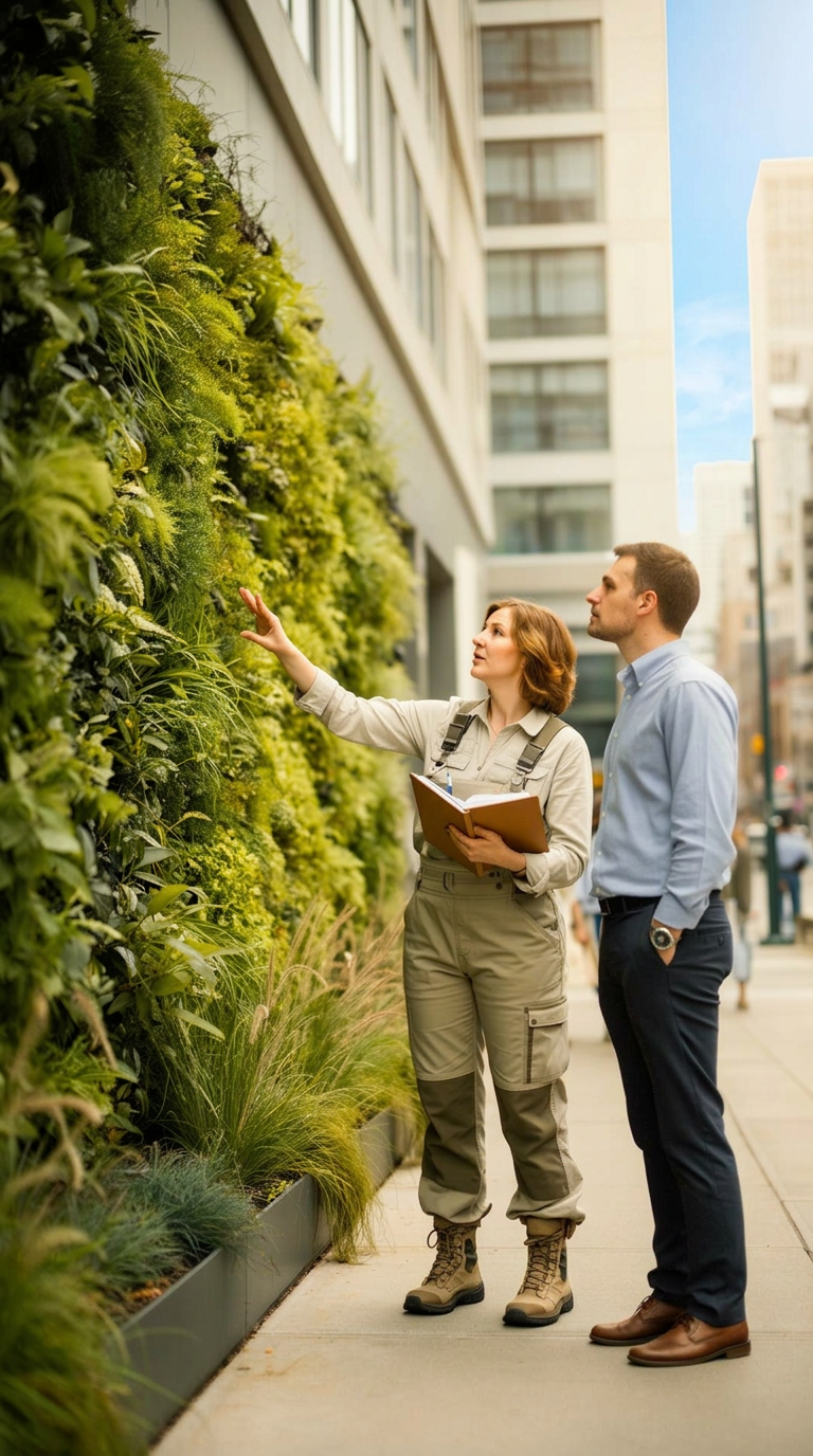 An ecologist points out plant species on a lush living wall to a client on a sunny city sidewalk
