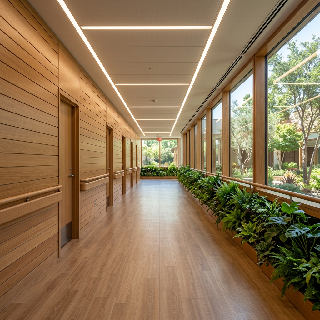 Clinical hospital corridor → biophilic healing corridor — for wellness, care & institutional operators. — restored