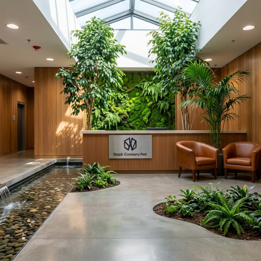 Beige corporate lobby → atrium with indoor trees & water — for institutions & ESG-led owners. — restored