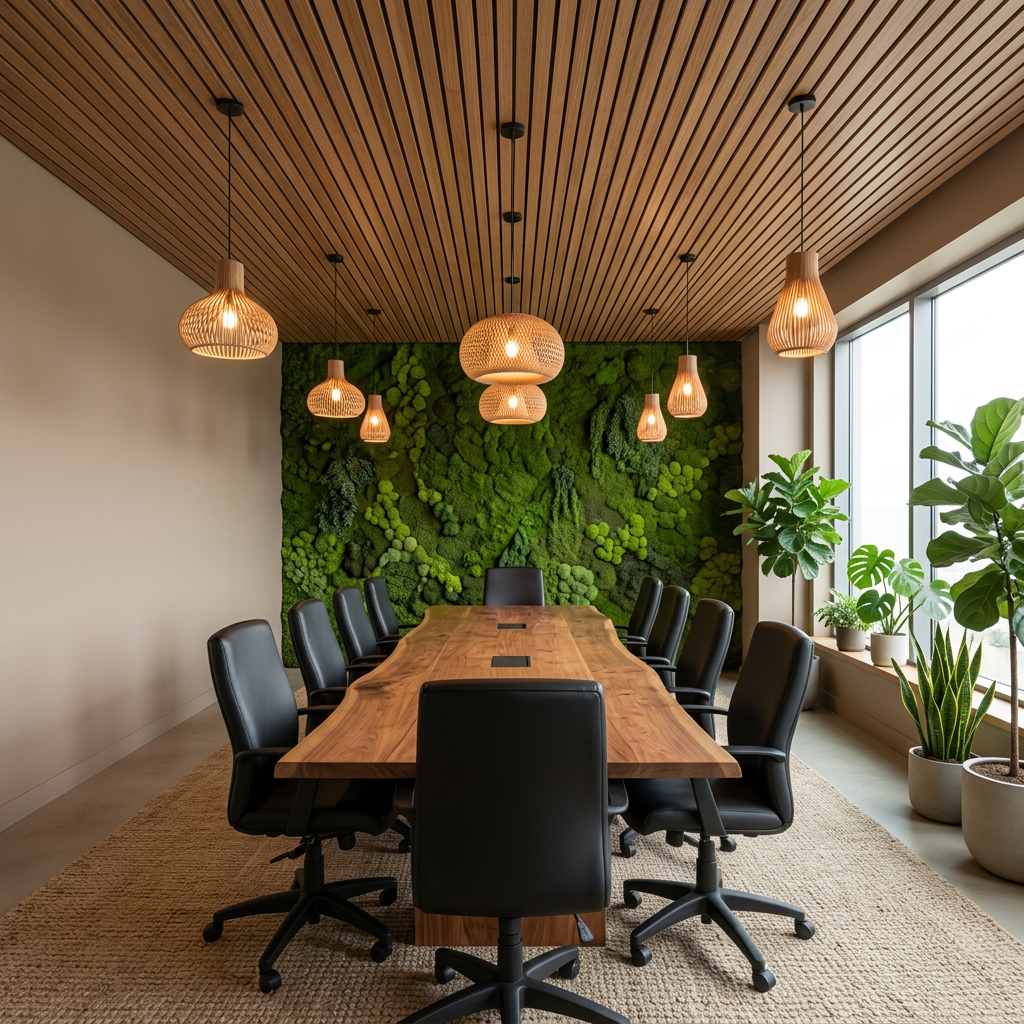 Fluorescent meeting room → biophilic boardroom with moss wall & timber — for executive & client-facing spaces. — restored