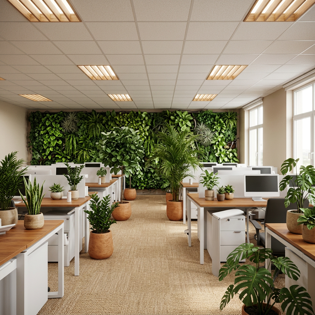 Sterile open-plan office → biophilic workspace with living walls & daylight — for workplace & HR leads. — restored