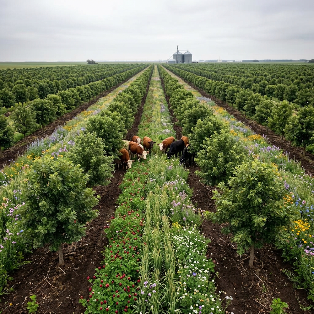 Tilled monoculture row crop → silvopasture & alley-cropping agroforestry — for grain & mixed producers. — restored