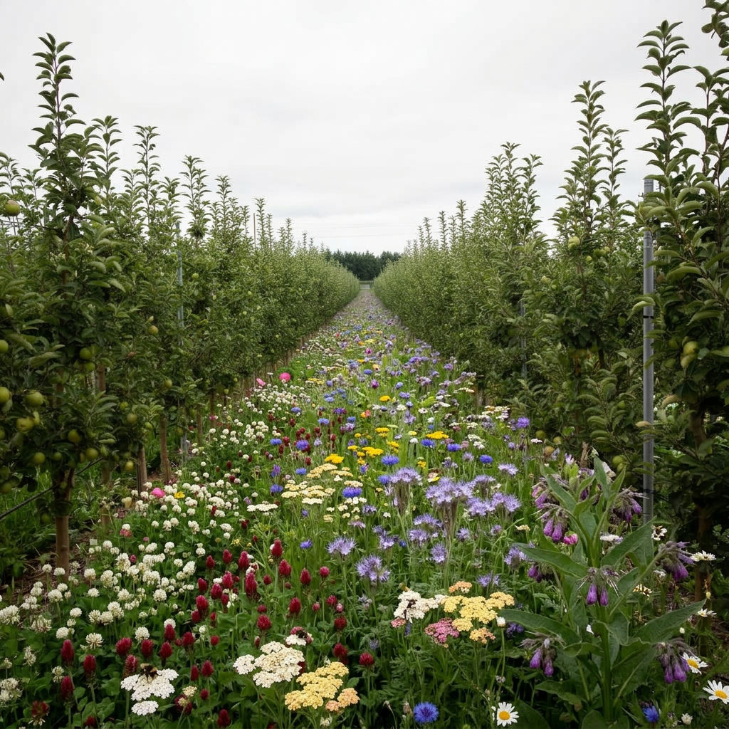 Bare conventional orchard floor → diversified pollinator guild understory — for orchardists & food enterprises. — restored