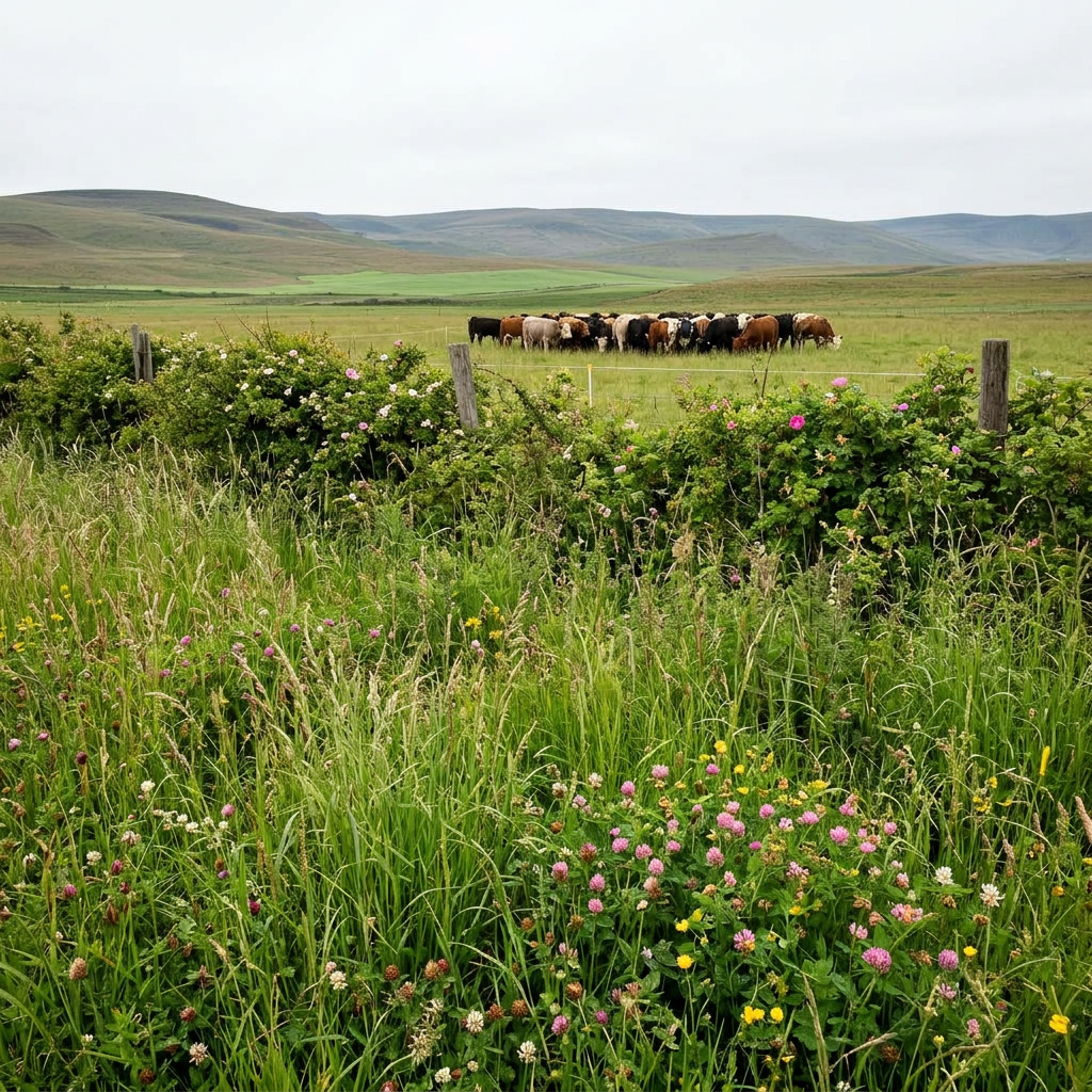 Overgrazed pasture → rotational grazing with hedgerows — for ranchers, estates, conservation-minded owners. — restored