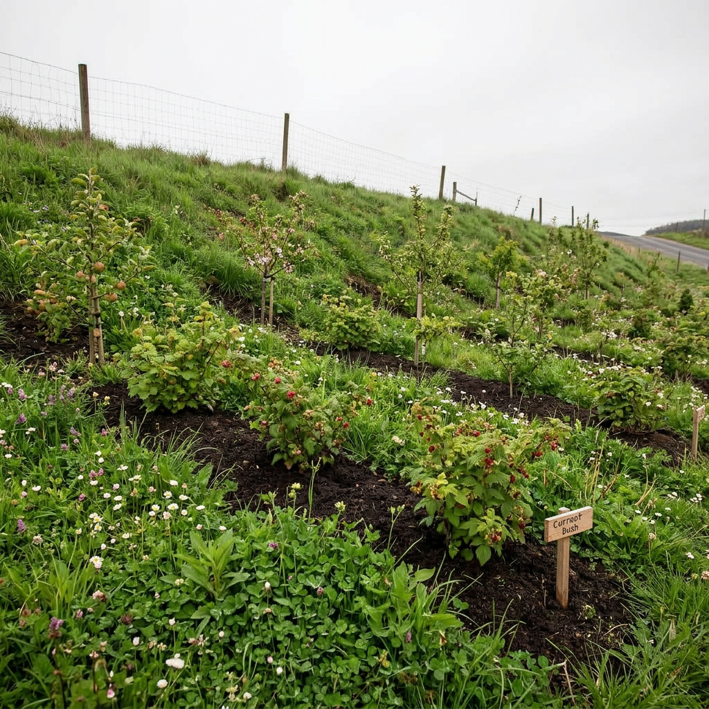 Eroded farm slope → contour swales with perennial crops — for landowners on degraded or sloping ground. — restored