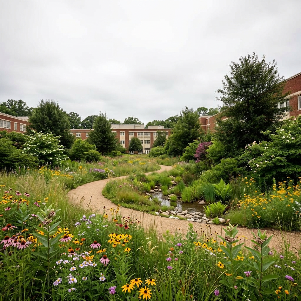 Conventional campus quad → biodiverse regenerative landscape — for institutions, campus operators, ESG leads. — restored
