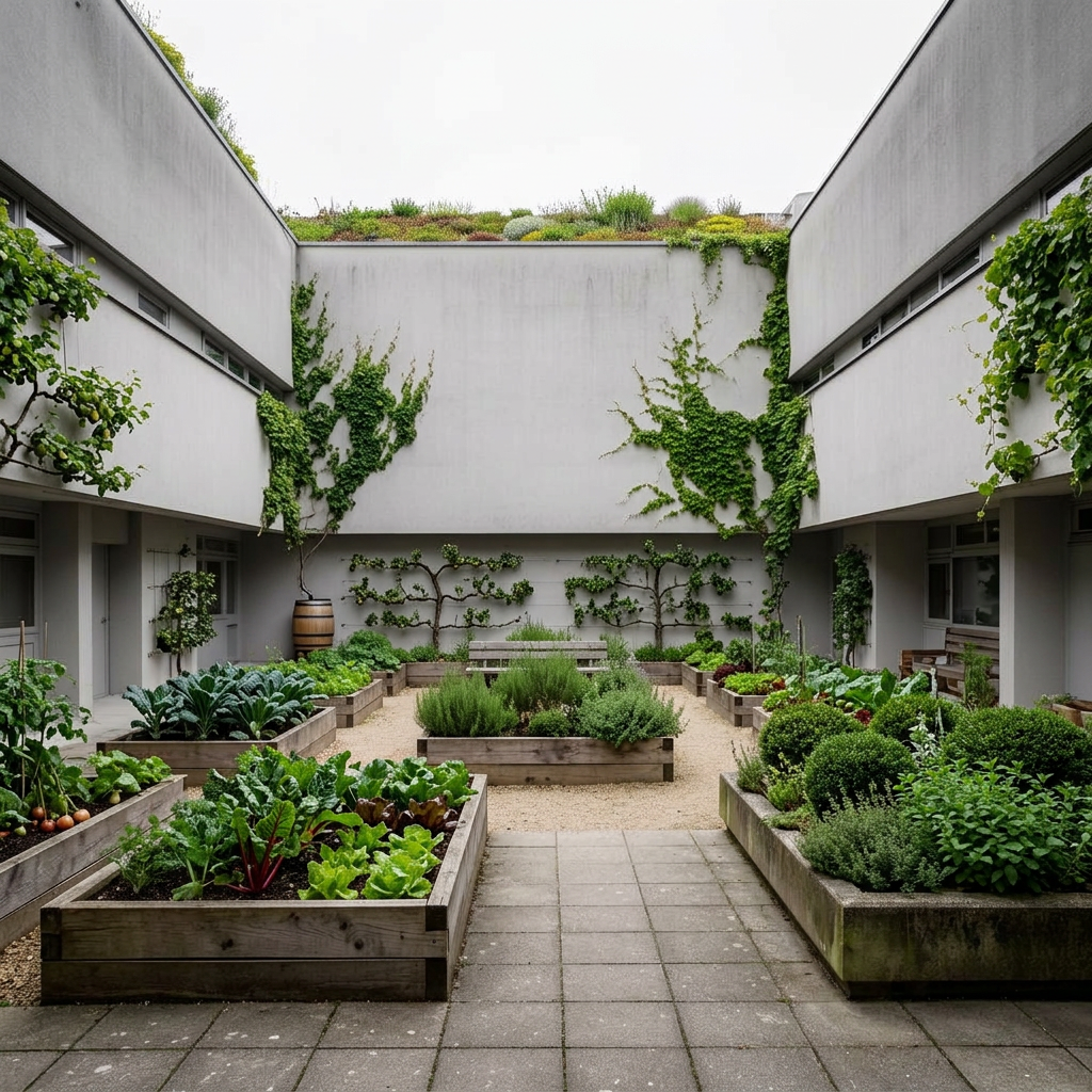 Sterile institutional courtyard → productive regenerative garden — for institutions and workplace operators. — restored