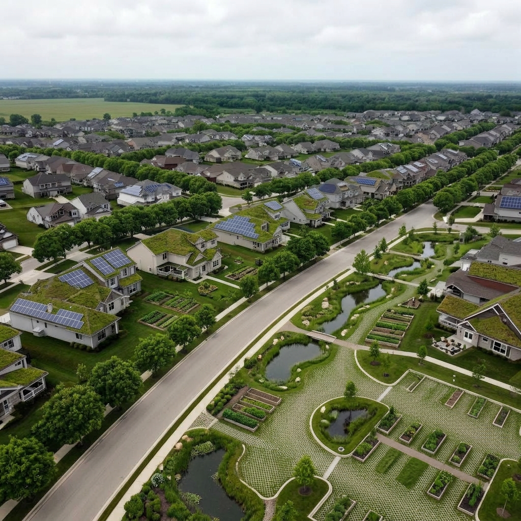 Conventional suburban masterplan → integrated regenerative neighbourhood — for developers and city planners. — restored