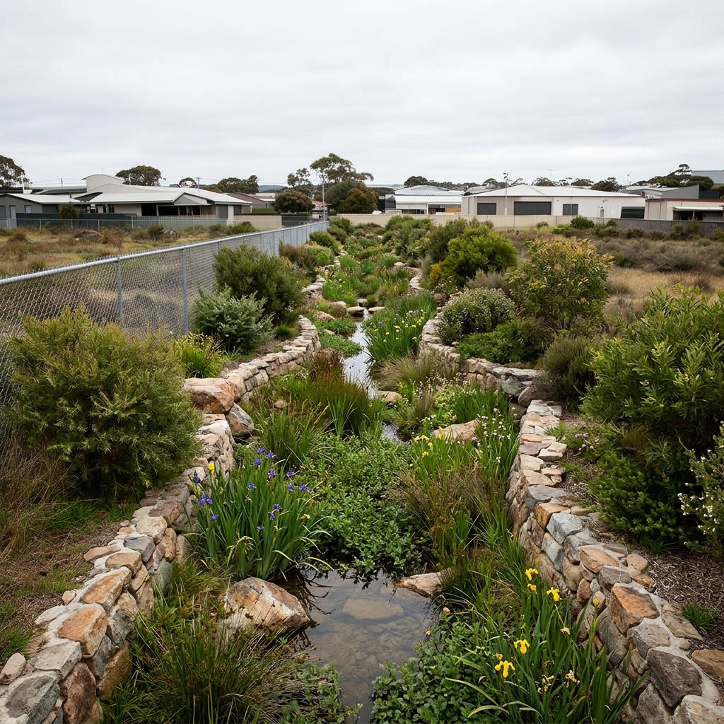 Linear concrete drainage channel → vegetated bioswale & wetland — for developers and municipal planners. — restored