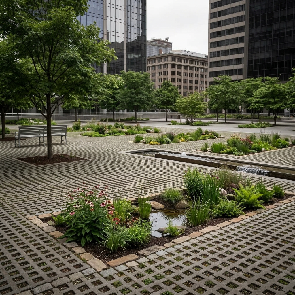 Hard-scaped downtown plaza → permeable shaded plaza with rain gardens — for cities, BIDs & private realm teams. — restored