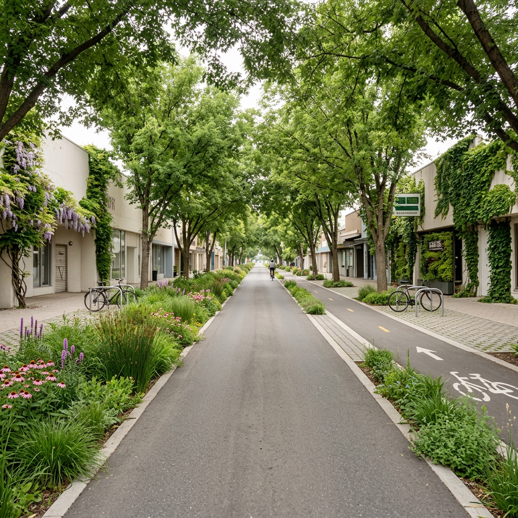 Hard-scaped urban street → green street with bioswales & canopy — for municipalities & public works. — restored